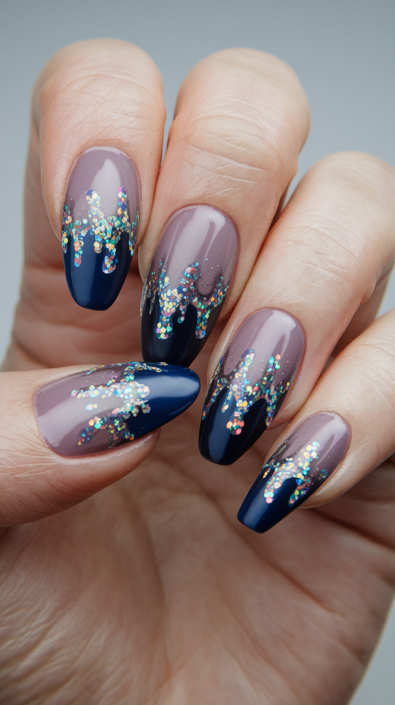 Artistic nails with gold glitter dripping down from the tips over a nude base.
