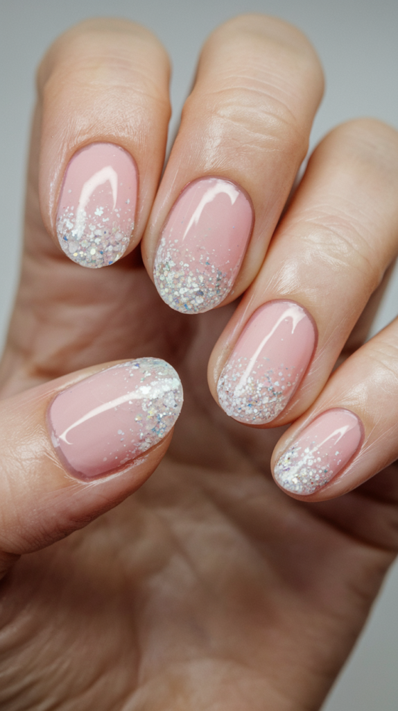 Modern French manicure with silver glitter fading from the tips downwards on nude nails.
