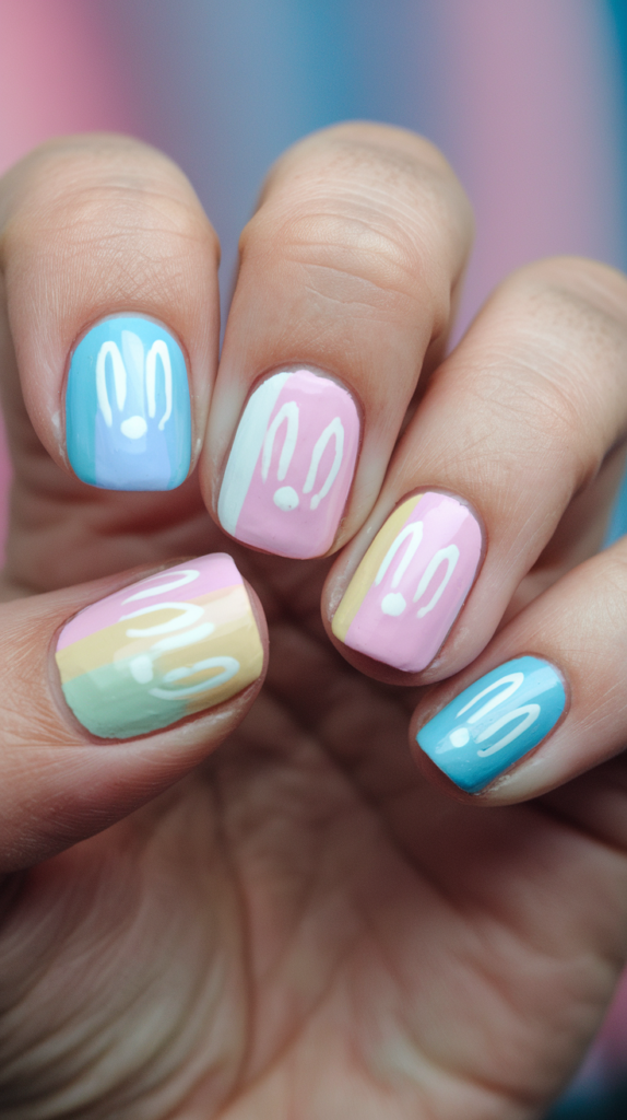 Fluffy, colorful cotton ball bunny tails depicted on pastel-colored nails.

