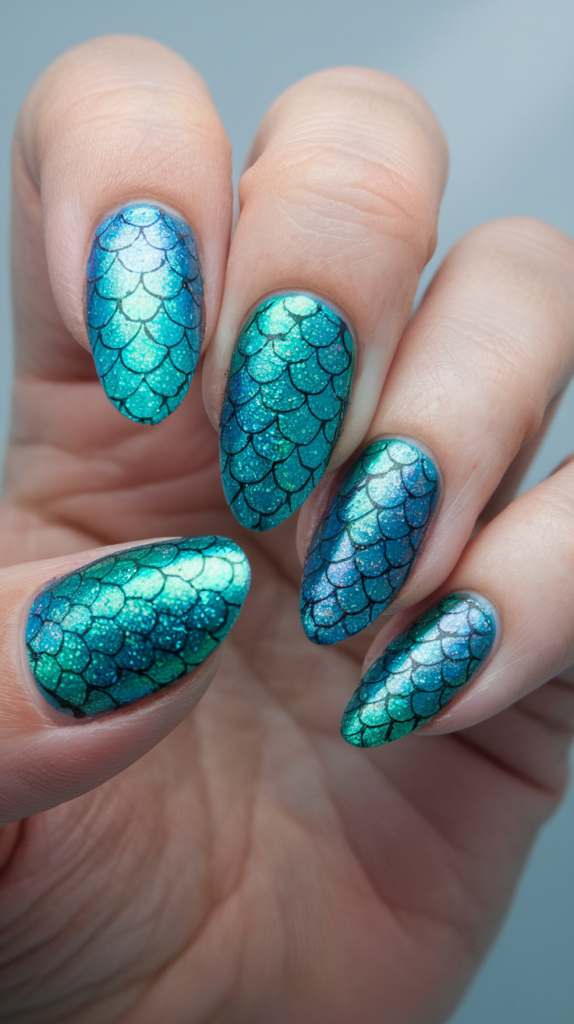 Teal and blue glitter nails with a mermaid scale pattern and iridescent finish.
