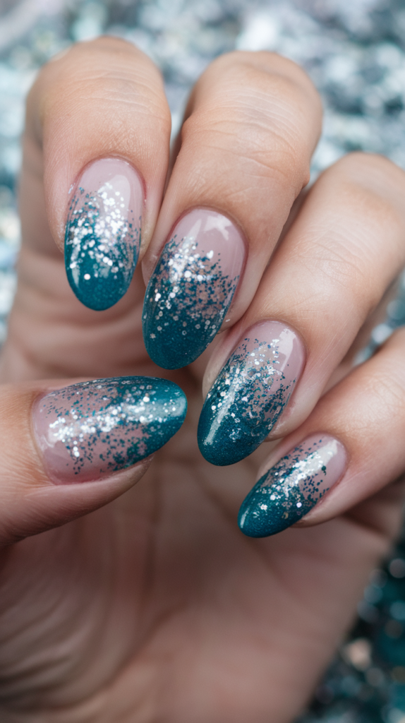 Teal nails with a cascading silver glitter waterfall effect from the cuticles down.