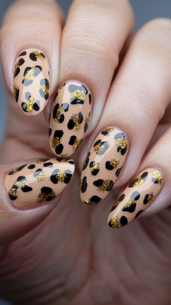 Bold leopard print nails with gold and black glitter on a beige base.
