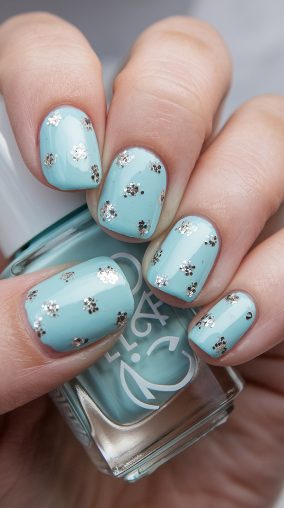 Nails with a nude base, adorned with perfectly spaced silver glitter polka dots