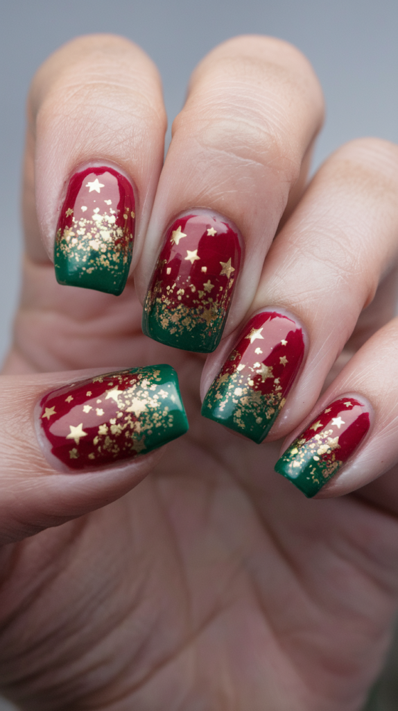 Festive-themed nails with red, green, and gold glitter, featuring holiday designs like snowflakes.
