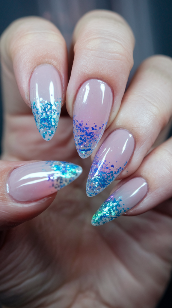 Futuristic nails covered in holographic glitter that shifts color in the light.
