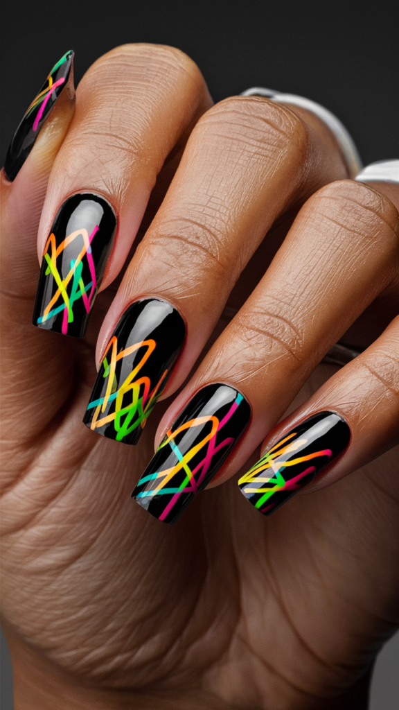 Image of nails with a matte black base, covered in small graffiti tags in neon colors like pink, green, and yellow. The tags are stylized and slightly overlapping, creating a layered, street-inspired look. Each nail features a different tag or signature, adding to the chaotic yet cohesive design. The neon colors stand out vividly against the dark background, giving the nails an edgy, urban vibe. This nail art captures the raw energy and rebellious spirit of graffiti culture, making a bold and artistic statement.