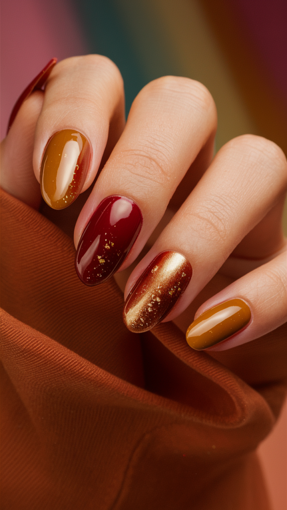 Warm-toned nails in shades of burnt orange, deep red, and mustard yellow, adorned with detailed leaf designs and fine gold glitter. The leaves are intricately detailed, with visible veins and a lifelike appearance. The gold glitter adds a touch of sparkle, making the design festive and glamorous. The glossy finish on all the nails enhances the overall look, creating a vibrant and eye-catching manicure that celebrates the beauty of fall foliage