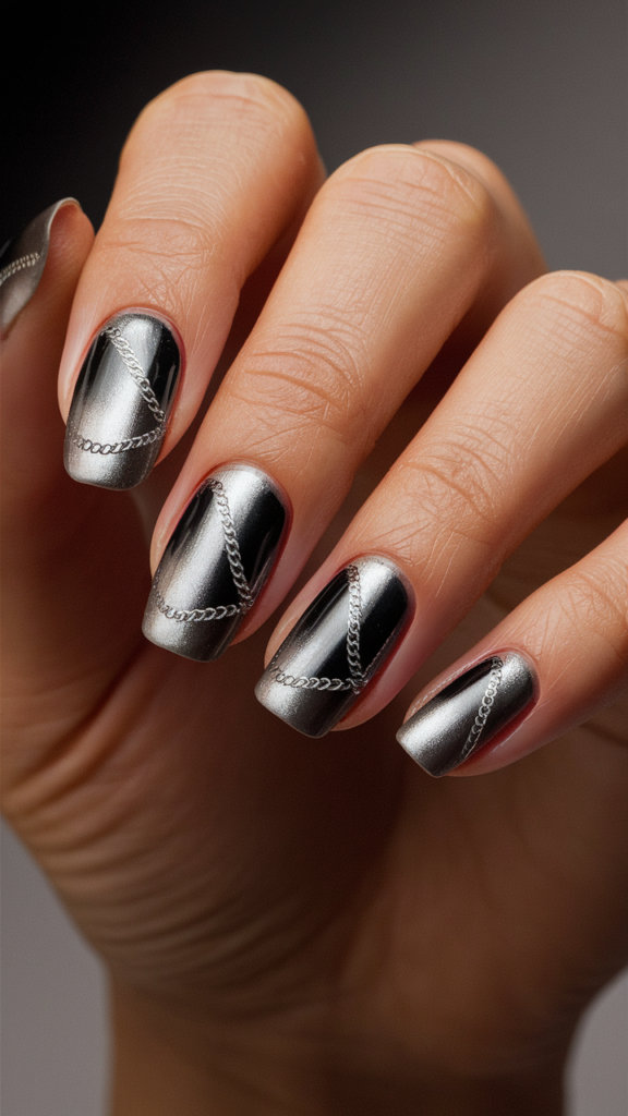 Image of nails with a metallic silver base featuring three-dimensional chain links that wrap around each nail. The chain links are detailed and realistic, with a glossy finish that reflects light, giving the nails an industrial, street-inspired look. The metallic base enhances the toughness of the design, while the intricate chain links add depth and texture. This nail art embodies the edgy, industrial aesthetic of street style, making a bold statement with its unique and striking appearance.