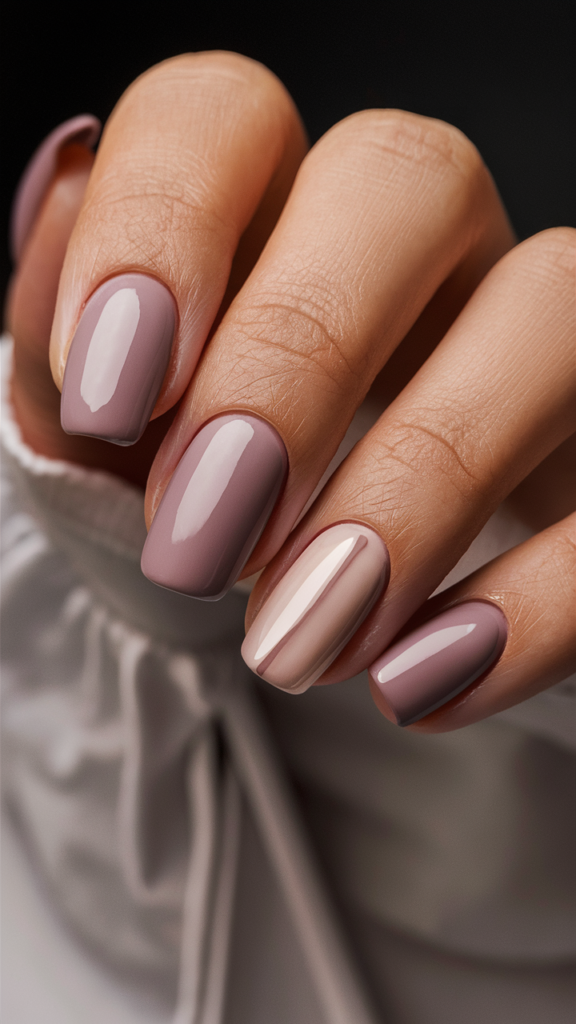 Matte mauve nails with glossy accents, such as a single stripe or dot, on a few nails. The matte finish creates a chic and understated look, with the deep mauve color providing a rich, sophisticated base. The glossy accents add a touch of contrast and visual interest, enhancing the overall design without overpowering it. This manicure is perfect for those who want a subtle and stylish look that embodies the elegance of fall.