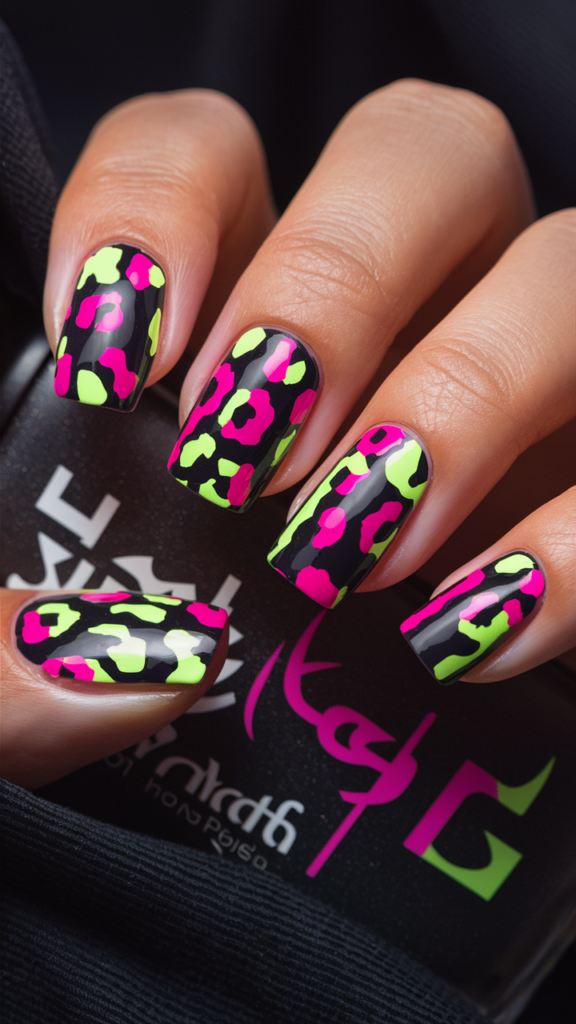 Image of nails with a matte black base, covered in neon leopard spots in colors like neon pink, lime green, and electric blue. The spots are irregular and spread unevenly across the nails, creating a bold and modern take on the classic leopard print. The vivid neon colors contrast sharply with the dark background, making the design pop. This remix of traditional animal print exudes confidence and style, bringing a fresh, street-inspired twist to a timeless pattern.