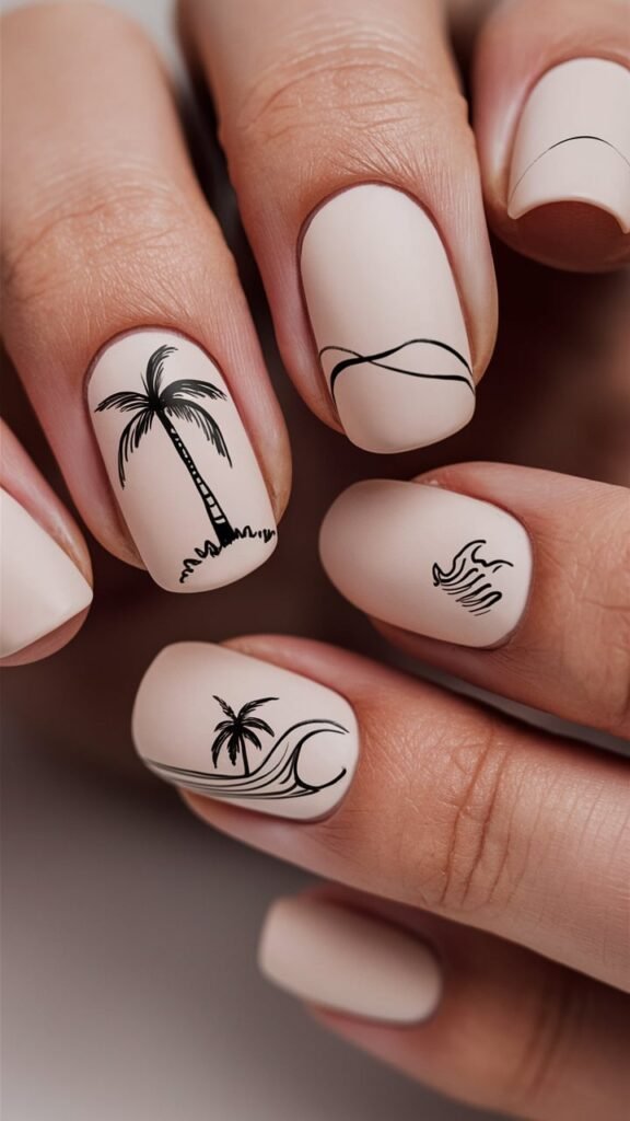 Soft, neutral nails with minimalist line art, including a single palm tree and a small wave on accent nails. The fine black lines stand out against the nude base, creating a simple yet striking design. The nails have a matte finish that enhances the minimalist aesthetic, giving them a modern and understated elegance. This design is perfect for those who appreciate simplicity with a touch of beachy charm.

