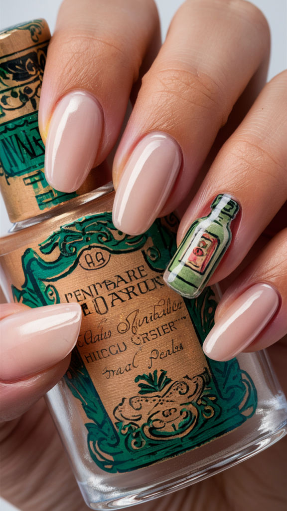 Nude nails with tiny, hyperrealistic rolled-up paper designs encased in clear gel, creating the illusion of a message floating within the polish. Some nails feature tiny, hand-painted bottles, enhancing the theme of a message in a bottle. The nails have a glossy finish that adds depth and a glassy effect, making the design appear mysterious and romantic.