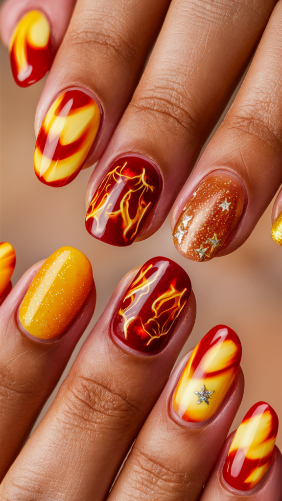 Nails in warm, fiery tones of orange, red, and yellow, resembling the glow of a beach bonfire. One or two nails feature tiny, detailed campfire designs with small logs and glowing embers. The nails have a glossy finish that enhances the warmth and cozy feel of the design, capturing the essence of a nighttime beach bonfire.