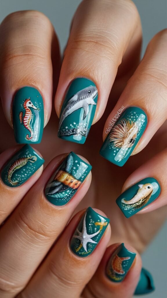 Teal nails featuring hyperrealistic marine creatures, such as dolphins, turtles, and seahorses, swimming among soft waves and coral. The intricate details of the marine life create a vibrant underwater scene, complemented by a glossy finish that enhances the depth and realism of the design. This look captures the beauty and diversity of ocean life, perfect for marine enthusiasts.