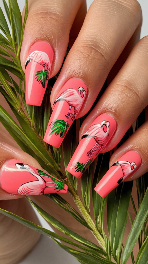 Bright pink nails featuring hyperrealistic flamingos hand-painted on accent nails. The flamingos are detailed with delicate feathers and long legs, standing gracefully among lush, green palm leaves. The nails have a glossy finish that highlights the vibrant colors and intricate details, creating a playful yet elegant tropical design.
