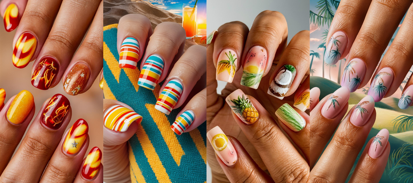 Four distinct nail designs are displayed side by side. The first set features fiery tones of red, orange, and yellow with flame motifs and star accents. The second design showcases bright, multicolored stripes inspired by beach towels, in shades of yellow, orange, red, blue, and white. The third set illustrates tropical fruits like pineapples, coconuts, and bananas on a nude base with green leaf accents. The final design portrays delicate palm tree silhouettes against a soft ombre backdrop, transitioning from pink to light blue, evoking a serene tropical evening vibe