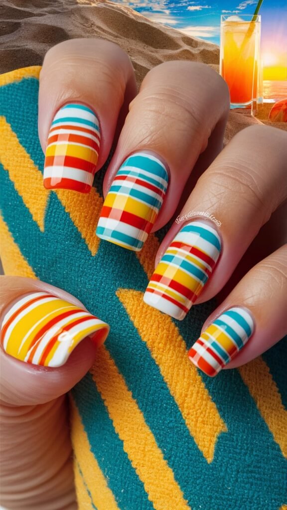 Nails with horizontal stripes in vibrant, summery colors like orange, yellow, and turquoise, resembling beach towel patterns. The stripes are crisp and clean, with a glossy top coat that adds a smooth, shiny finish. This design is bold, colorful, and perfect for capturing the fun and energy of a day at the beach.