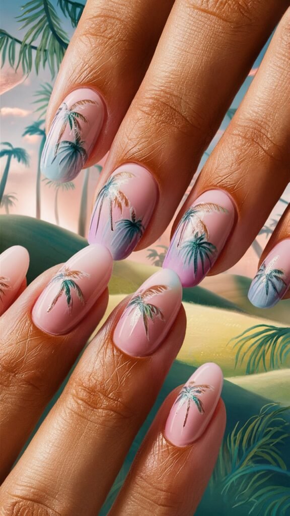 Pastel nails featuring tiny, delicate palm tree shadows and soft ombre effects, transitioning from soft pink to pale blue. The palm trees are painted with fine lines, creating a subtle and relaxing tropical vibe. The nails have a glossy finish that enhances the soft colors and delicate details, making this design perfect for a calming, beach-inspired look.