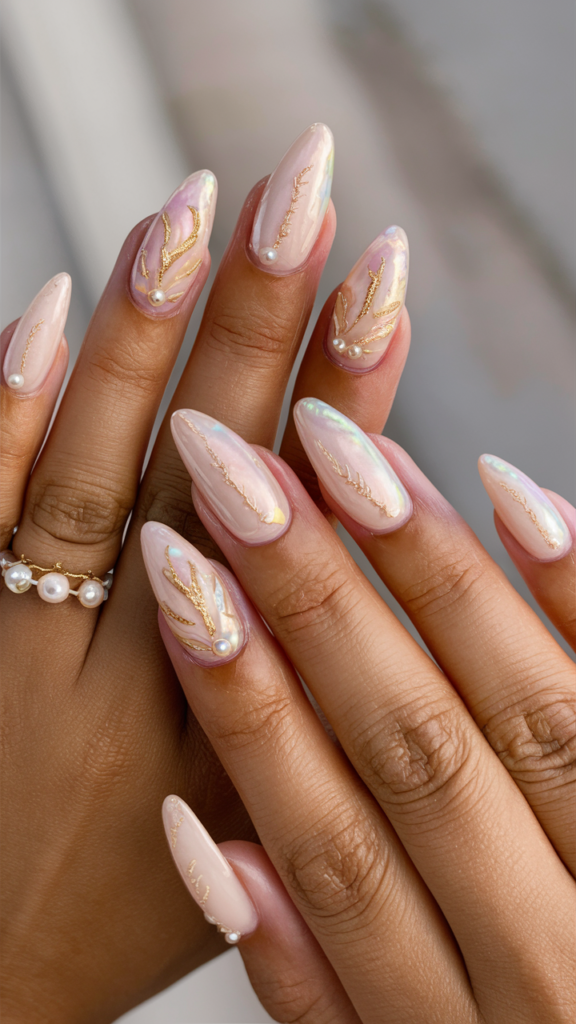 Nails with a soft nude base adorned with intricately hand-painted seashells in pastel tones, featuring a pearlescent finish. Tiny pearls and gold accents are carefully placed, adding a luxurious and beachy feel to the design. The glossy finish enhances the elegance and detail of the seashells, making the nails look refined and sophisticated, perfect for a chic beach-inspired look.