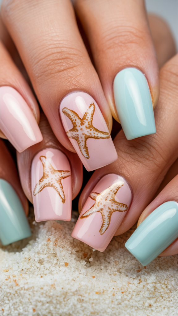 Pastel-colored nails featuring hyperrealistic, 3D starfish charms that appear lifelike and delicate. A soft white sand effect is painted at the base of the nails, enhancing the beachy vibe. The starfish are detailed with intricate textures, and the nails have a glossy finish that highlights the charm and subtle details. The overall look is whimsical and elegant, perfect for beach lovers.