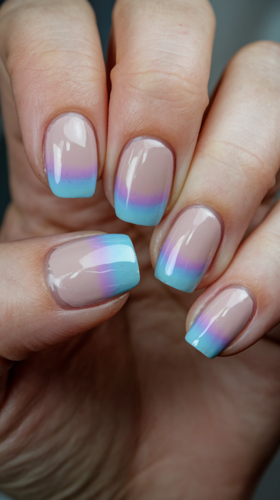 Nails with a soft gradient French fade, blending pastel tips in shades of light blue and pale pink into a nude base, creating a seamless transition.