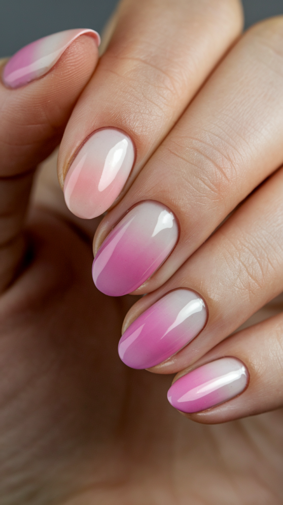 Seamless gradient nails blending soft pink into nude, creating a subtle, sophisticated ombre look