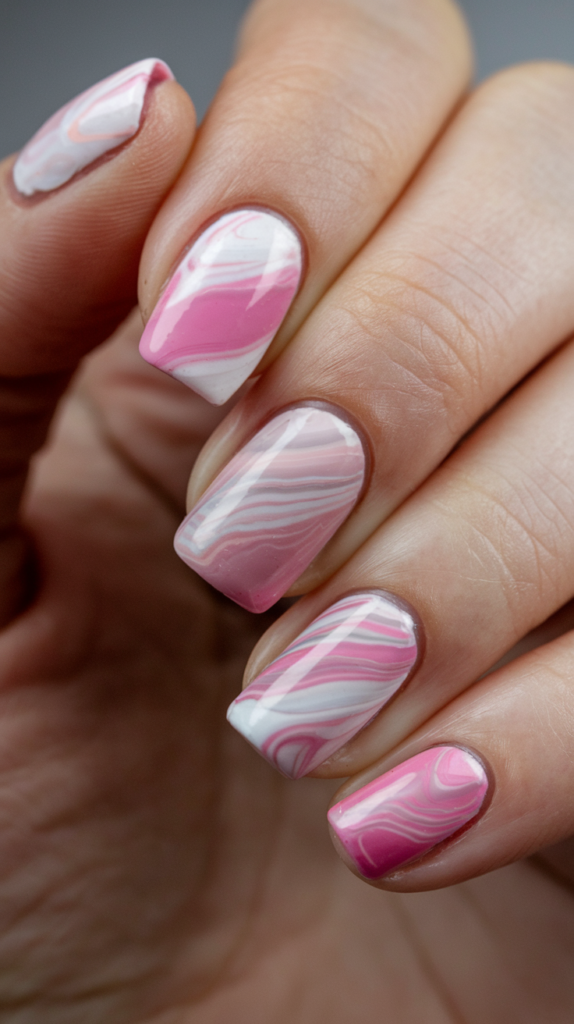 Intricate pink marble swirl nail design with varying shades of pink and white, creating a luxurious marble effect