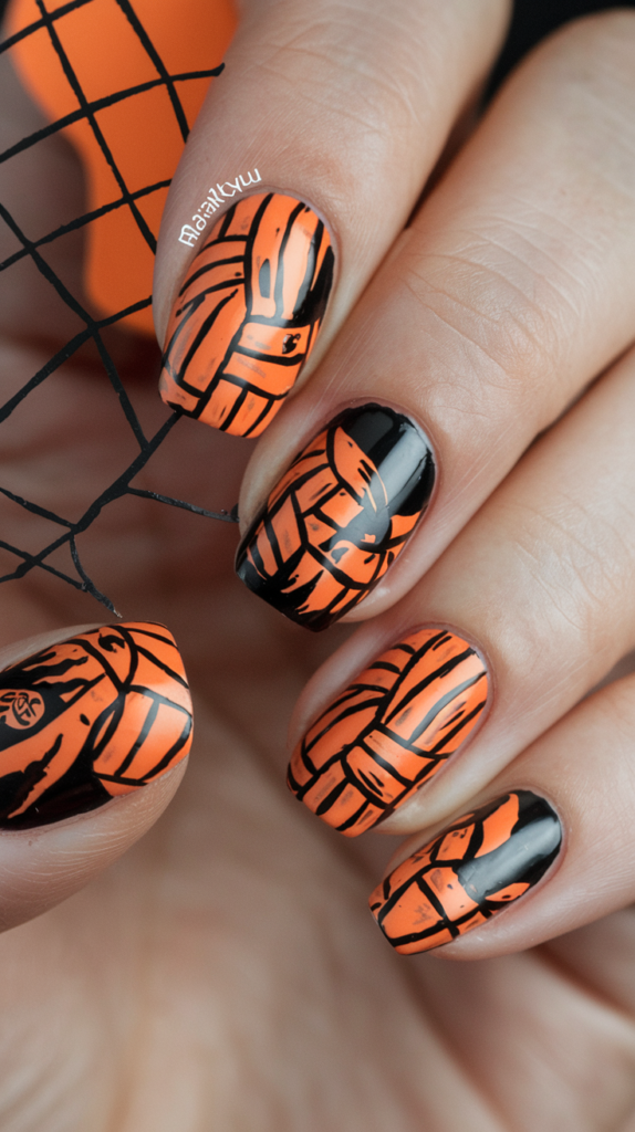 Sporty nails featuring volleyballs and team logos from Haikyuu, with energetic patterns and vibrant colors