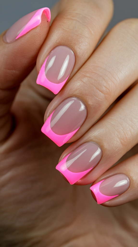 Bright pink neon tips on a clear base, adding a bold and fun twist to classic French nails