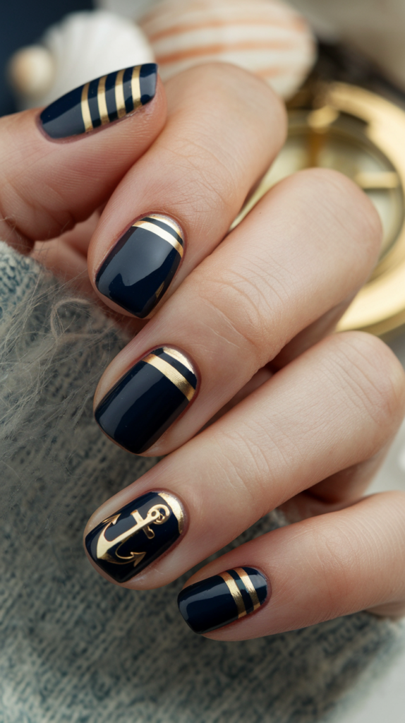 Navy blue nails with gold accents including stripes and anchor designs, creating a classy nautical theme