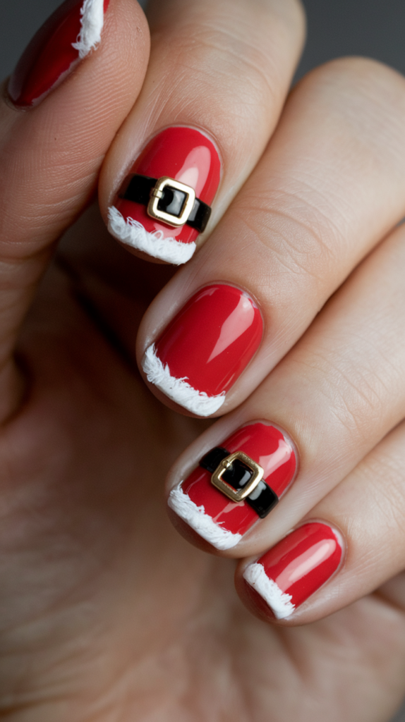 Bold red nails with white trim and black belts, designed to look like Santa's iconic suit