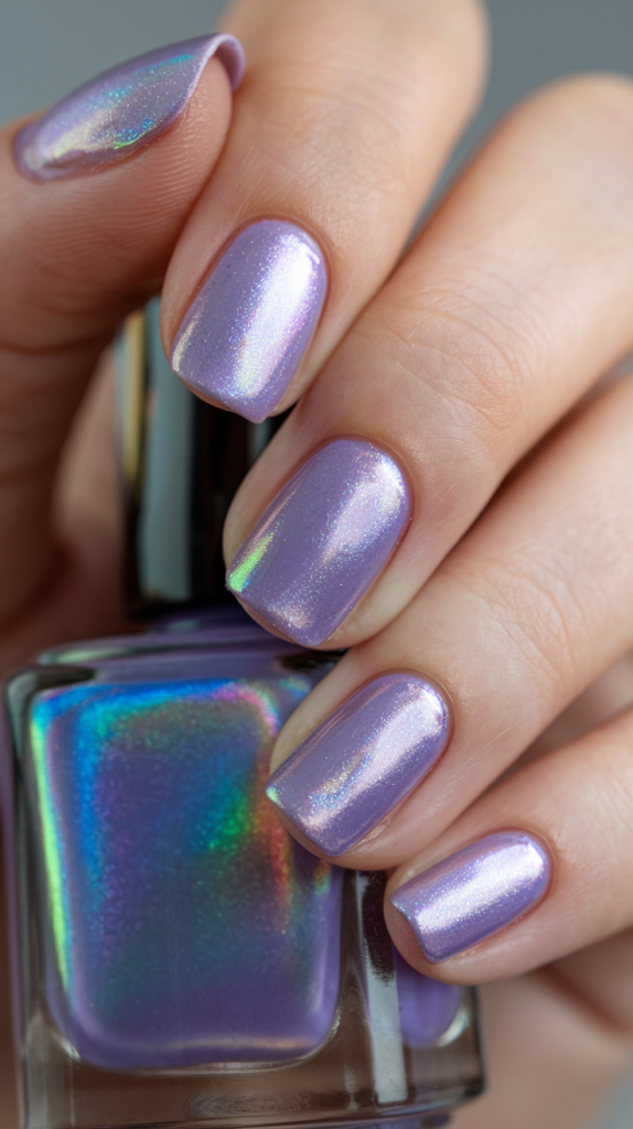 Glossy lavender nails with a holographic top coat that shifts colors in the light.
