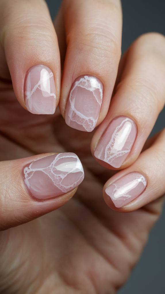 Nails inspired by rose quartz stone, featuring soft swirls of pale pink and white, with a subtle shimmer for a timeless, elegant look.