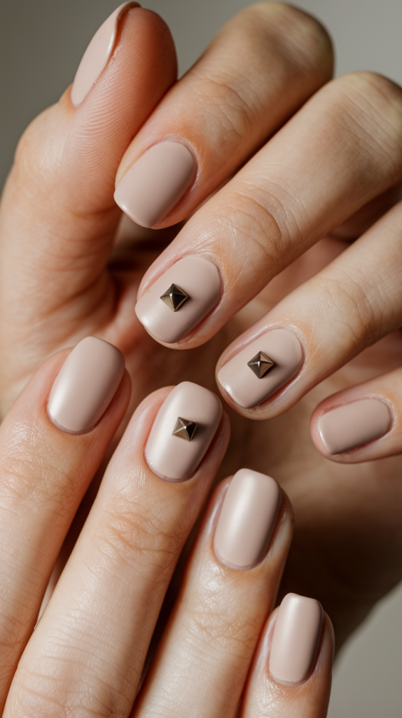 Minimalist nails with small geometric shapes, like triangles and squares, in muted tones