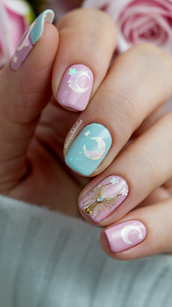 Pastel pink and blue nails featuring crescent moons, stars, and Sailor Scout symbols