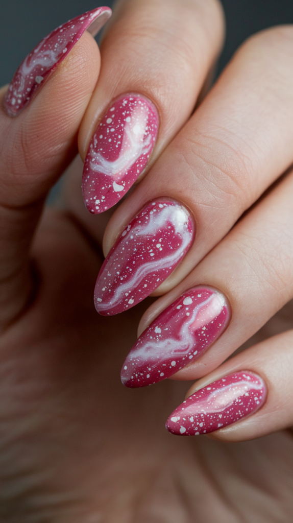 Deep pink and purple galaxy nails with tiny white specks, mimicking the mystical night sky