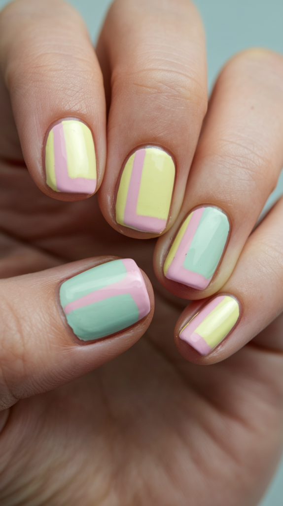 Nails with bold, geometric blocks of pastel colors like mint green and baby pink, with clean lines and contrasting sections for a modern look.