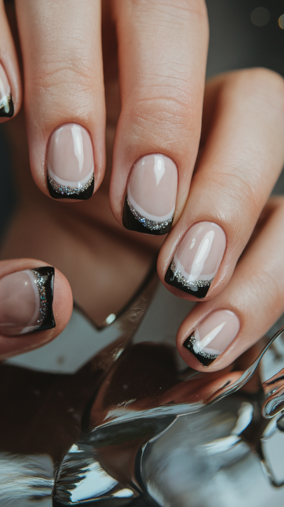 Classic French manicure updated with black tips, offering a modern twist on a timeless style