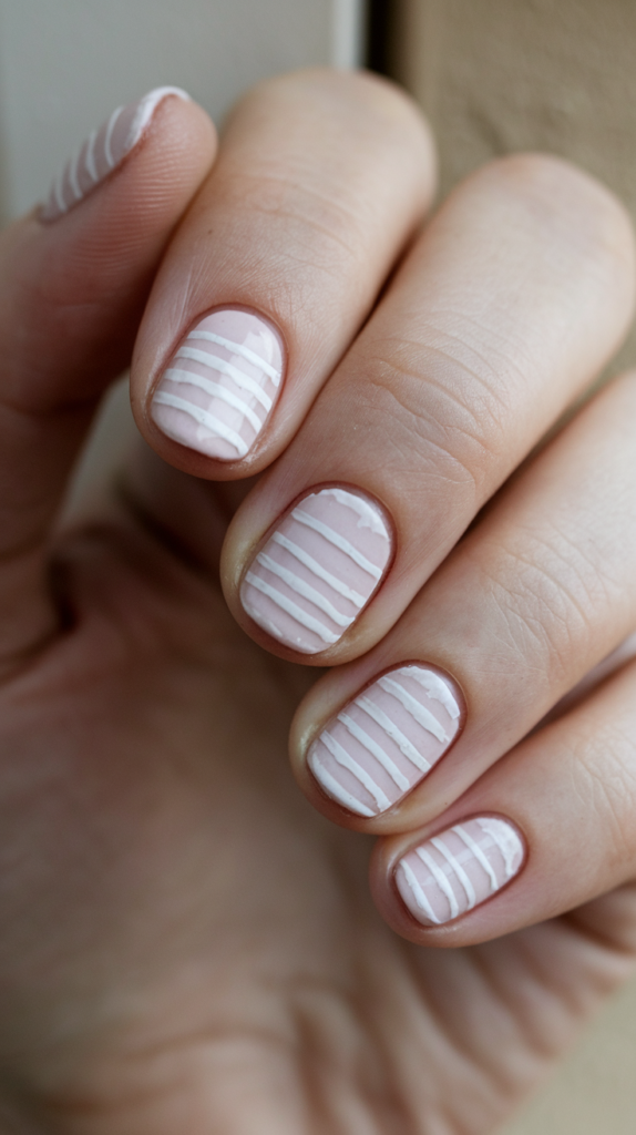 Nails with sleek horizontal negative space stripes, maintaining a minimalist aesthetic with clean lines