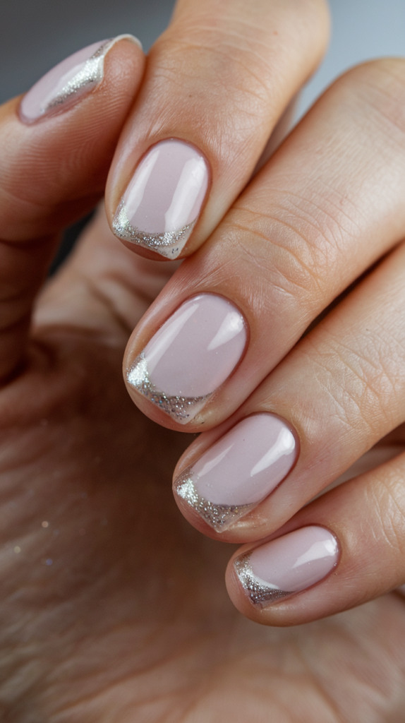 Subtle glitter along the cuticle line on a soft pink base, adding a unique touch of sparkle