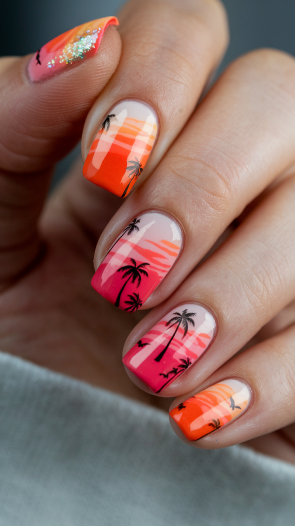 Summer sunset nail design with bold gradients in orange, coral, and pink, featuring tropical palm tree silhouettes and glitter