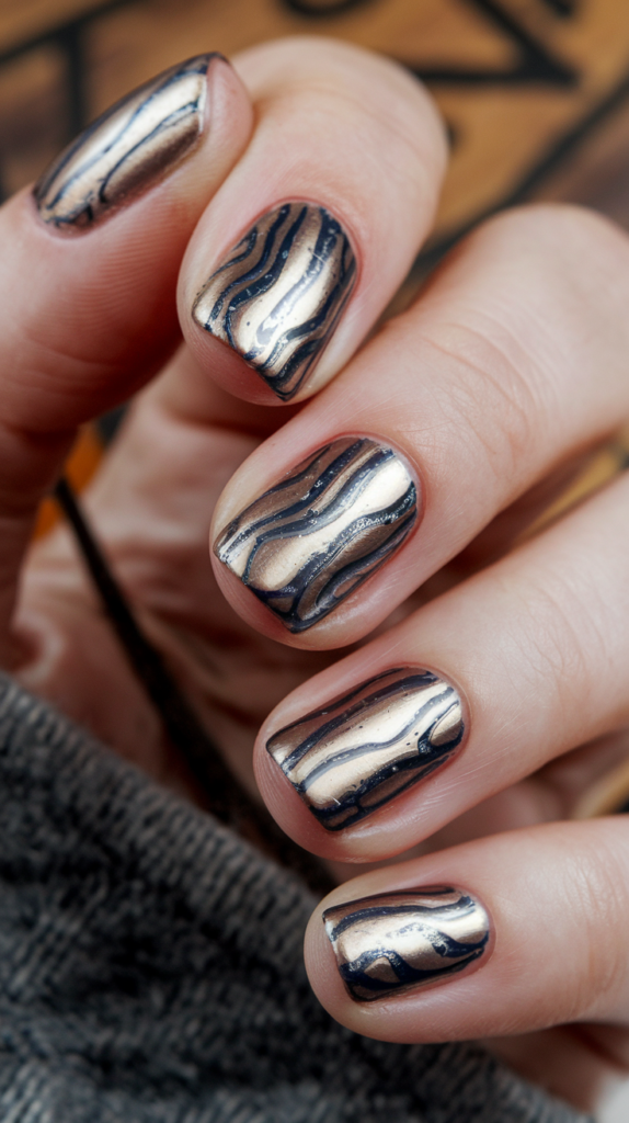 Metallic drip effect on nails, looking like liquid metal flowing down