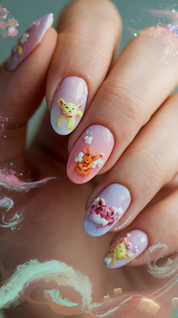 Soft pastel nails with illustrations of the Chinese zodiac animals from Fruits Basket