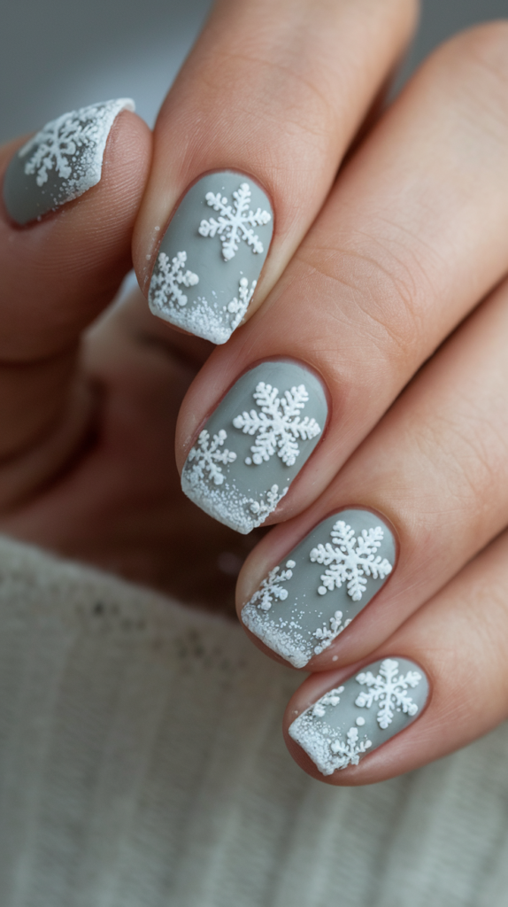 Soft silver nails with delicate white snowflake and snowfall designs, creating an elegant winter look