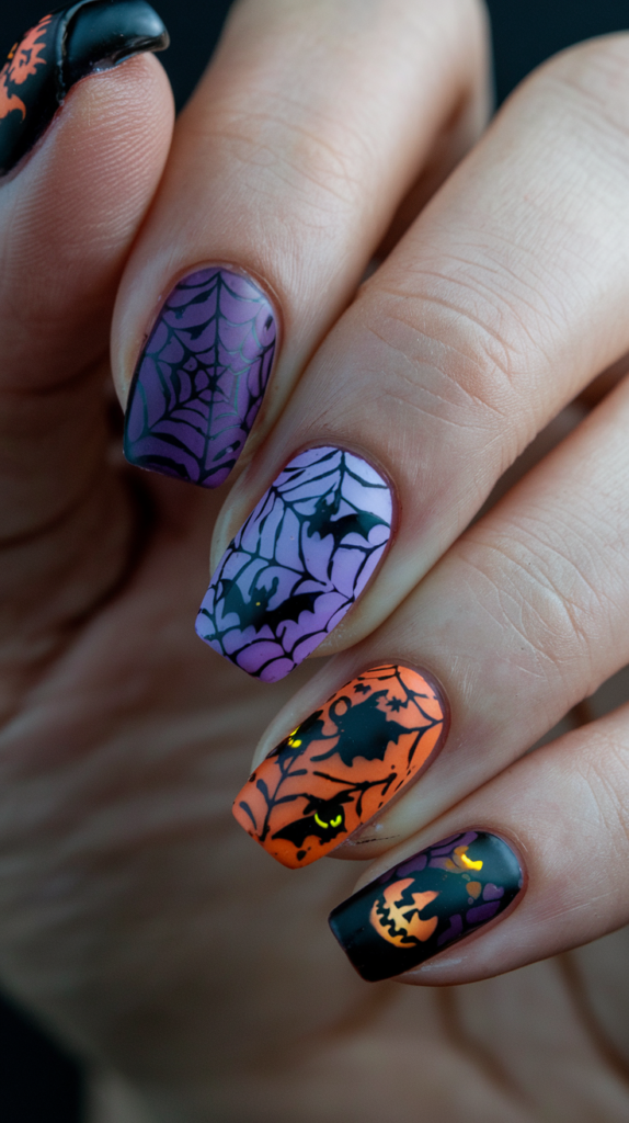 Dark and spooky Halloween nails in black, purple, and orange with intricate spider web, bat, and pumpkin designs, plus glow-in-the-dark elements