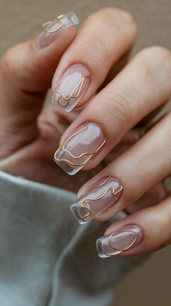 Sleek clear nails featuring thin gold wire art for a minimalist, artistic design.