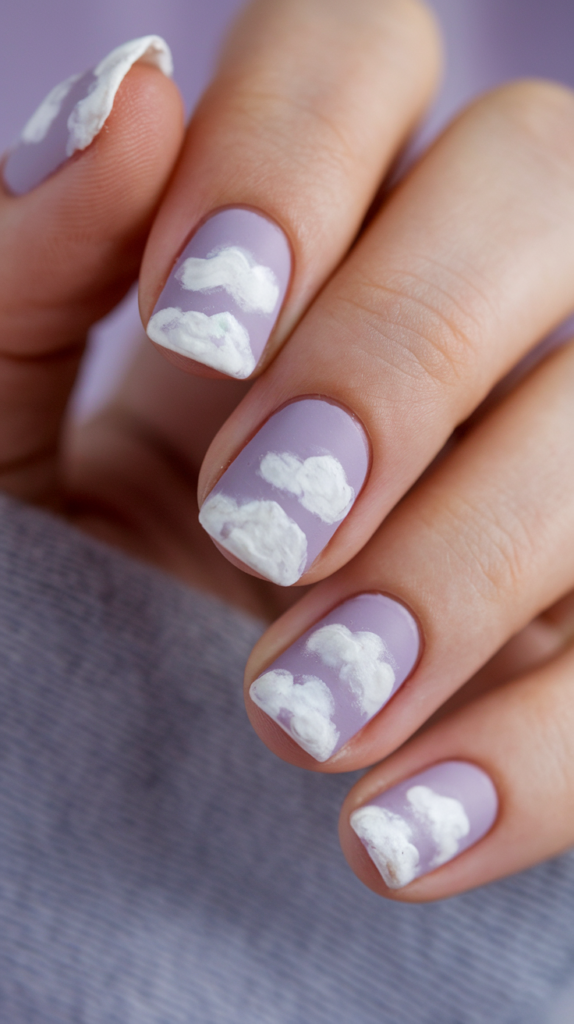 Matte lavender nails with soft, fluffy white clouds painted delicately on top.
