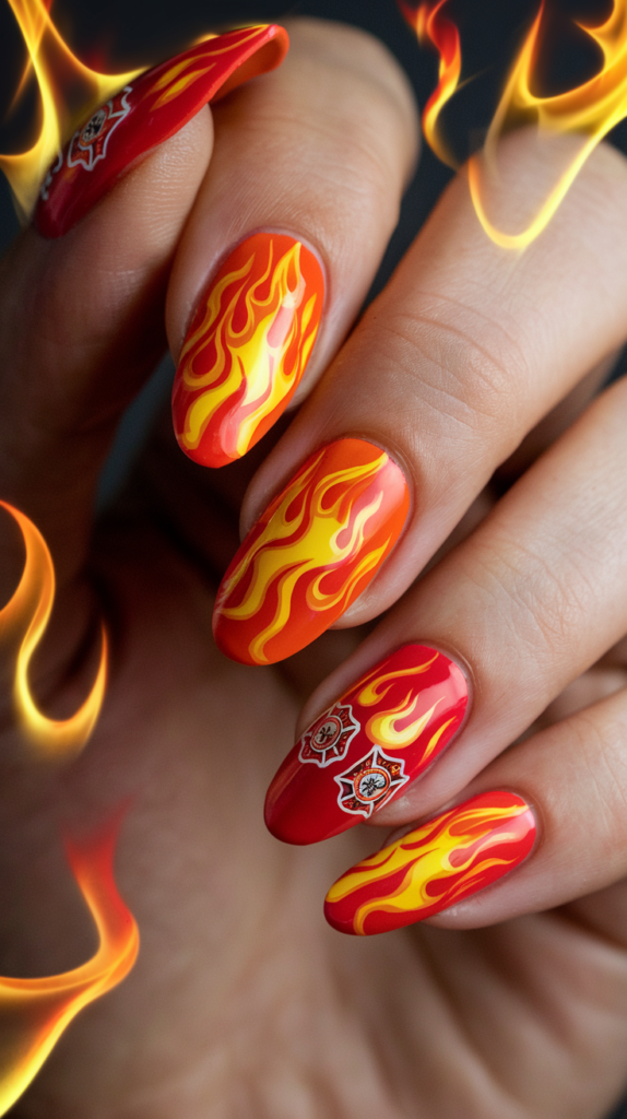 Fiery nails with bright flame patterns and Fire Force company emblems, creating a dynamic fire-themed look