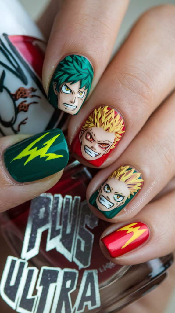 Nails with character illustrations of Deku, Bakugo, and All Might, showcasing their unique quirks