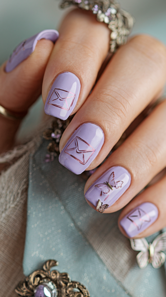 Soft purple nails with intricate letter envelopes, Violet’s brooch, and mechanical arms for a delicate look